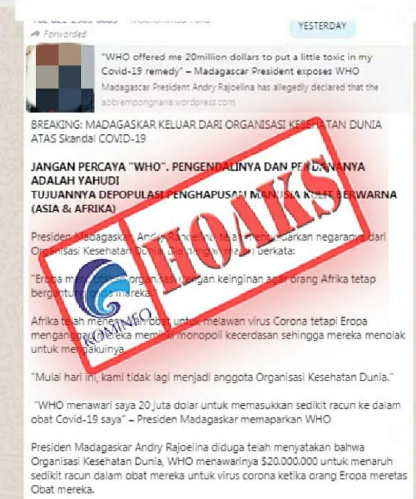 [HOAKS] Madagaskar Keluar dari WHO Karena Skandal Covid-19